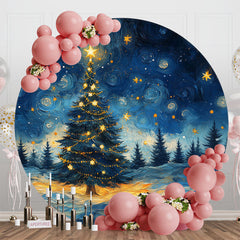 Aperturee - Aperturee Blue Starry Night Sky Trees Round Christmas Backdrop