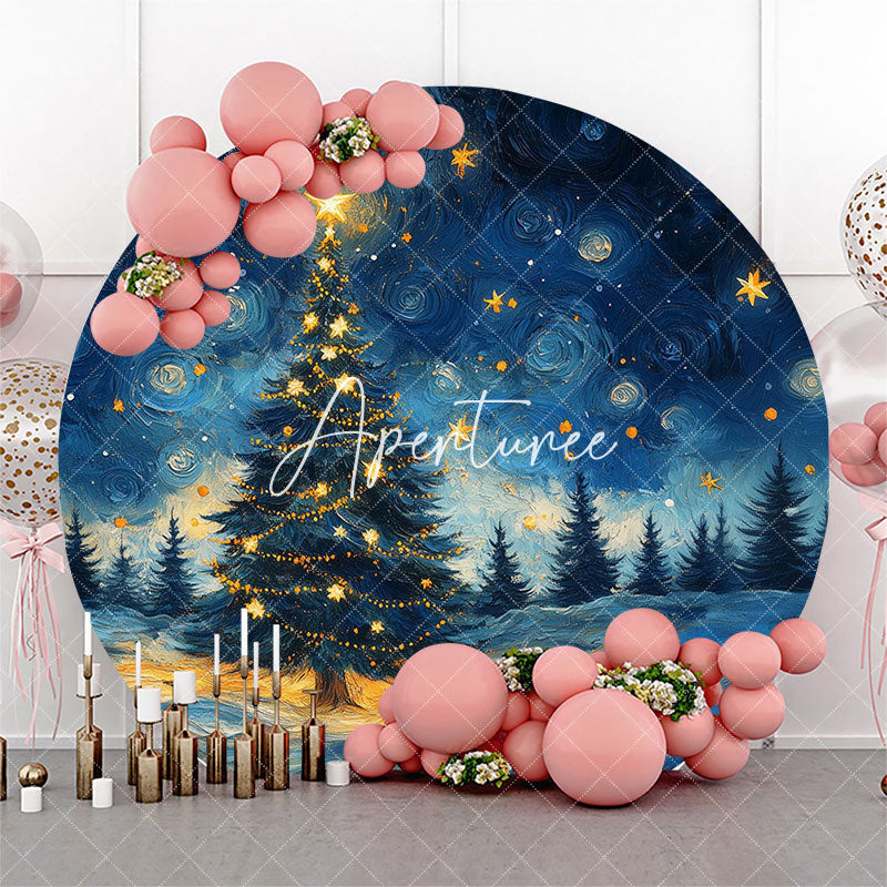 Aperturee - Aperturee Blue Starry Night Sky Trees Round Christmas Backdrop