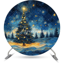 Aperturee - Aperturee Blue Starry Night Sky Trees Round Christmas Backdrop