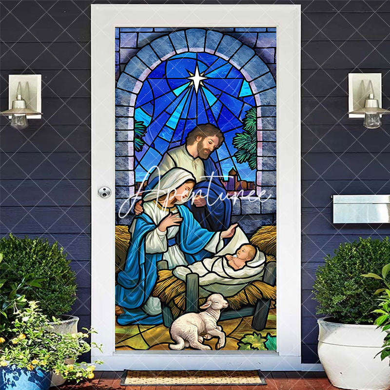 Aperturee - Aperturee Blue Starry Retro Glass Nativity Christmas Door Cover