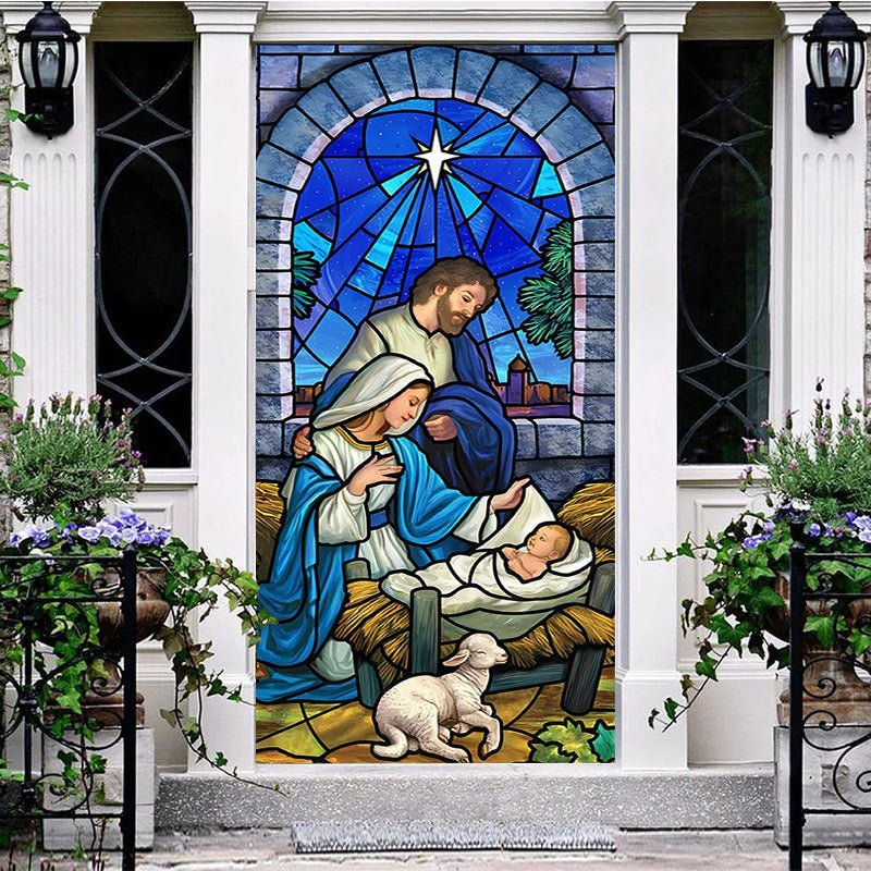 Aperturee - Aperturee Blue Starry Retro Glass Nativity Christmas Door Cover