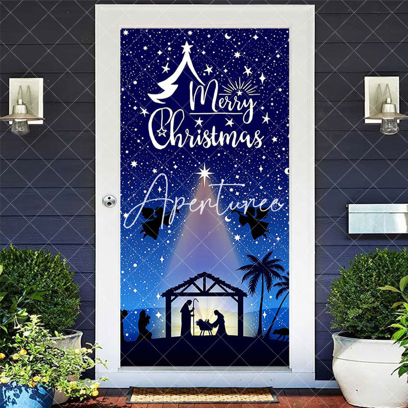 Aperturee - Aperturee Blue Starry Sky Nativity Merry Christmas Door Cover