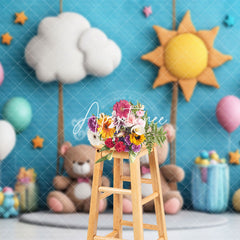 Aperturee - Aperturee Blue Sun Cloud Balloon Teddy Bear Cake Smash Backdrop