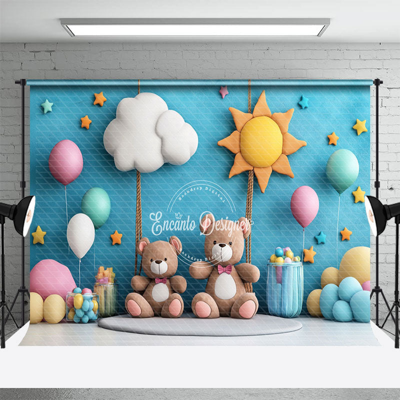 Aperturee - Aperturee Blue Sun Cloud Balloon Teddy Bear Cake Smash Backdrop