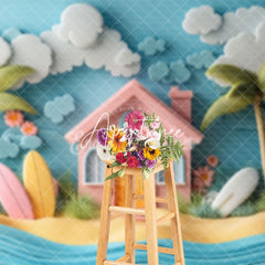 Aperturee - Aperturee Blue Surfboard Cartoon Summer Cake Smash Backdrop