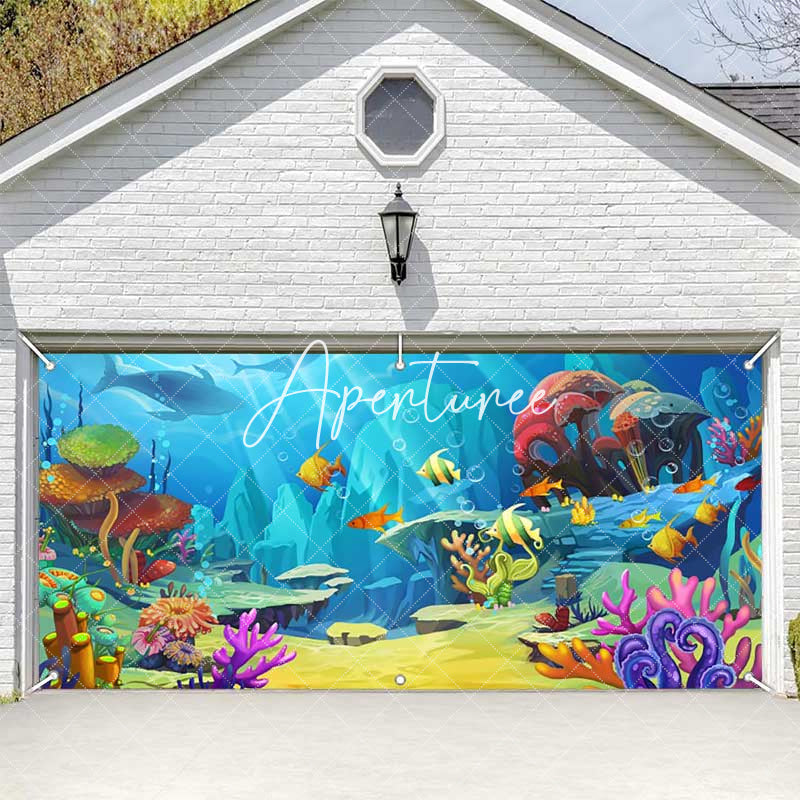 Aperturee - Aperturee Blue Undersea Fish Coral Birthday Garage Door Banner