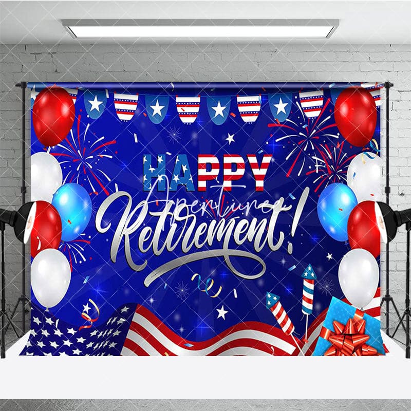 Aperturee - Aperturee Blue Usa Flag Balloons Happy Retirement Backdrop