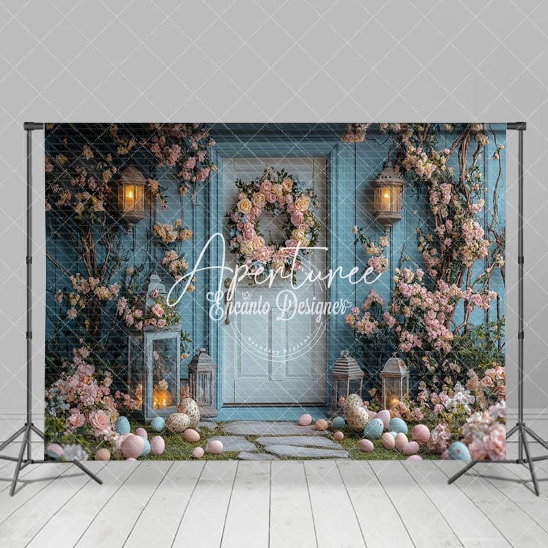 Aperturee - Aperturee Blue Vine Flowers Eggs Door Easter Photo Backdrop