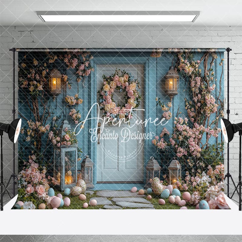 Aperturee - Aperturee Blue Vine Flowers Eggs Door Easter Photo Backdrop