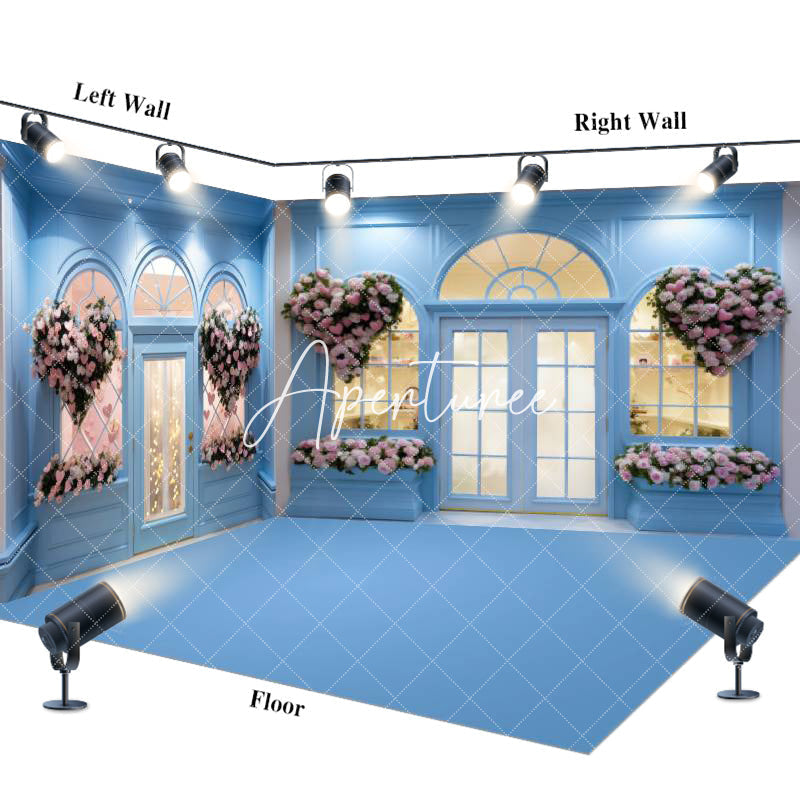 Aperturee - Aperturee Blue Vintage Room Valentines Floral Room Set Backdrop