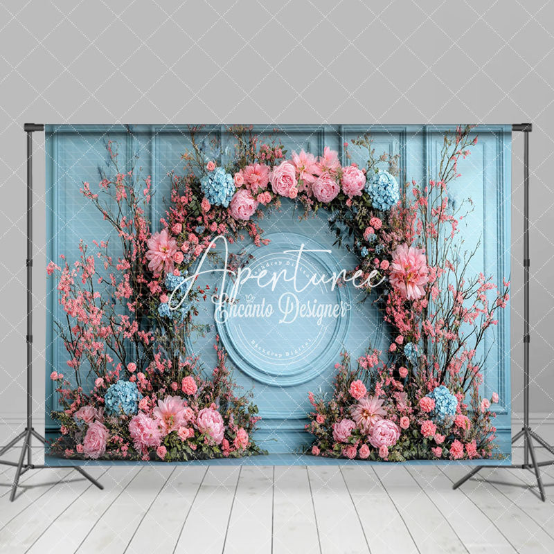 Aperturee - Aperturee Blue Vintage Wall Arch Floral Wedding Photo Backdrop