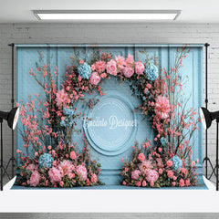 Aperturee - Aperturee Blue Vintage Wall Arch Floral Wedding Photo Backdrop