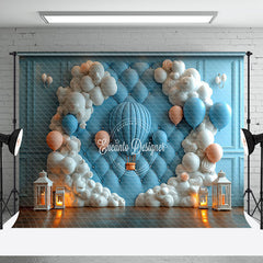 Aperturee - Aperturee Blue Vintage Wall Hot Air Balloon Cake Smash Backdrop