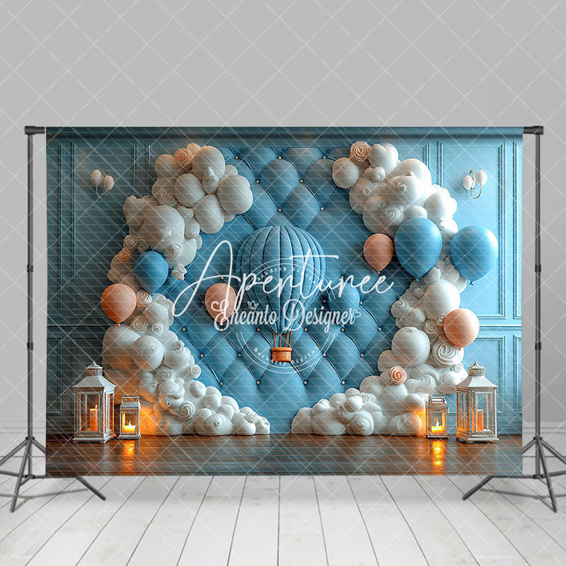 Aperturee - Aperturee Blue Vintage Wall Hot Air Balloon Cake Smash Backdrop