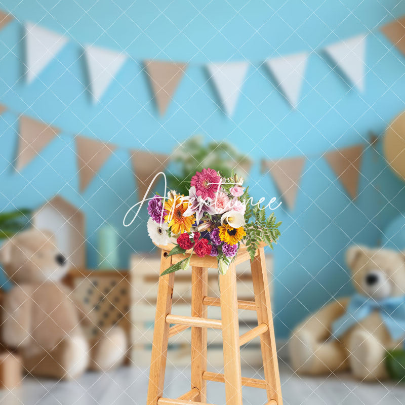 Aperturee - Aperturee Blue Wall Balloons Bear Cake Smash Photo Backdrop