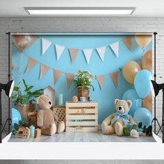 Aperturee - Aperturee Blue Wall Balloons Bear Cake Smash Photo Backdrop