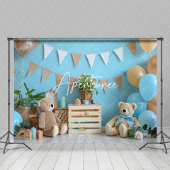 Aperturee - Aperturee Blue Wall Balloons Bear Cake Smash Photo Backdrop