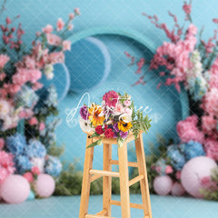 Aperturee - Aperturee Blue Wall Balloons Floral Wedding Photo Backdrop