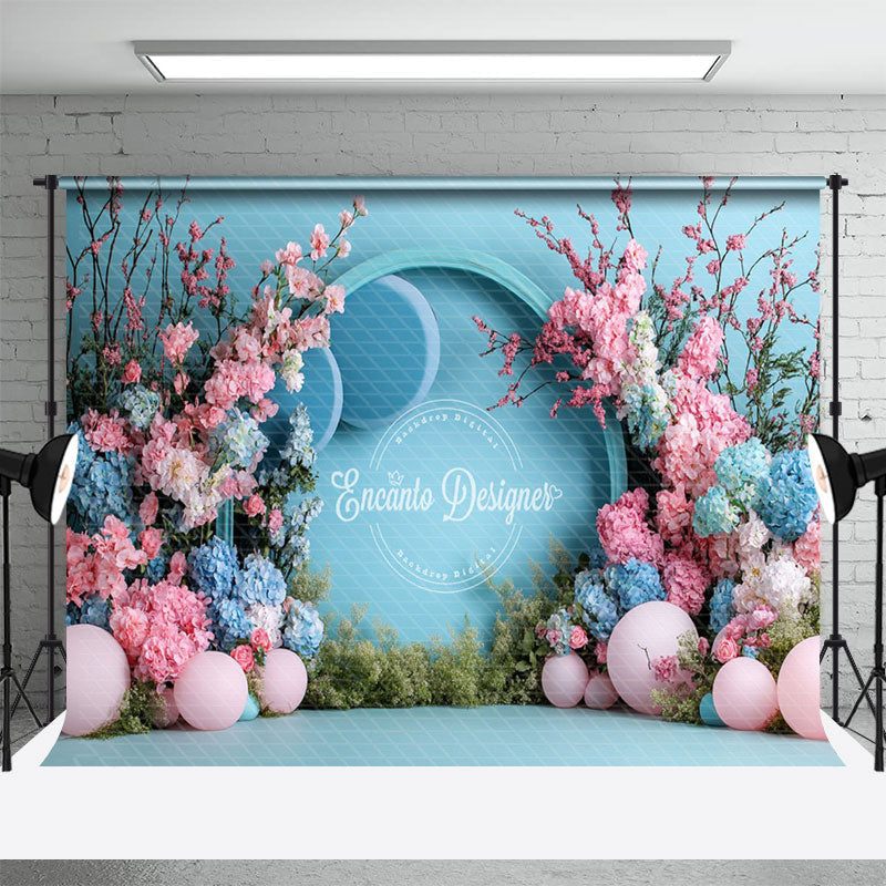 Aperturee - Aperturee Blue Wall Balloons Floral Wedding Photo Backdrop