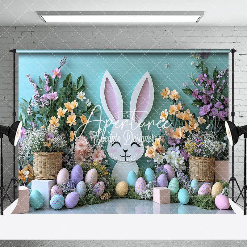 Aperturee - Aperturee Blue Wall Bunny Spring Floral Eggs Easter Backdrop