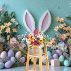 Aperturee - Aperturee Blue Wall Bunny Spring Floral Eggs Easter Backdrop