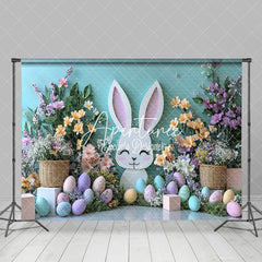 Aperturee - Aperturee Blue Wall Bunny Spring Floral Eggs Easter Backdrop