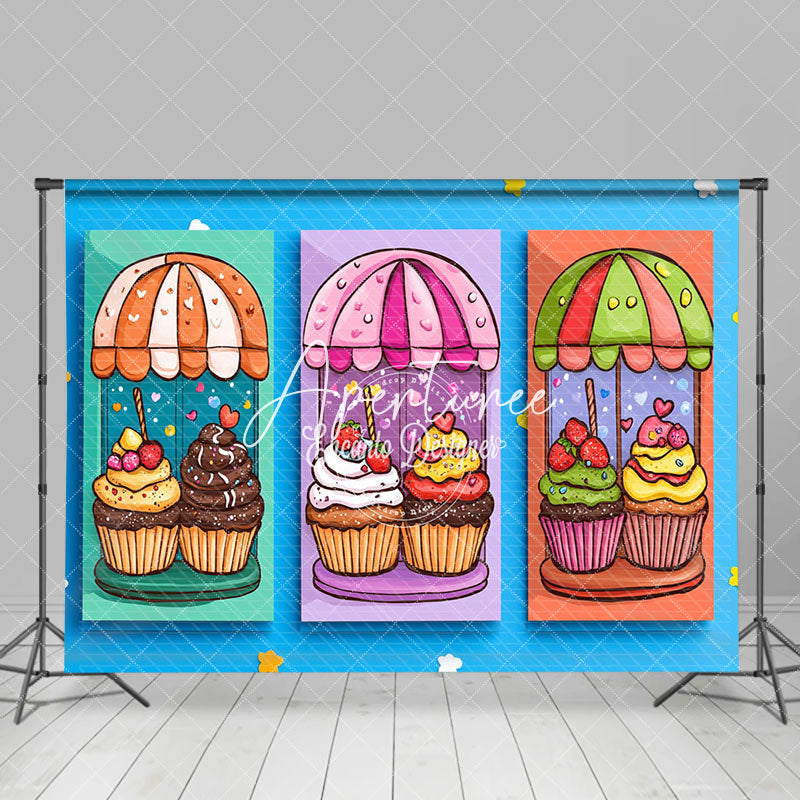 Aperturee - Aperturee Blue Wall Candyland Cupcake Dessert Party Backdrop