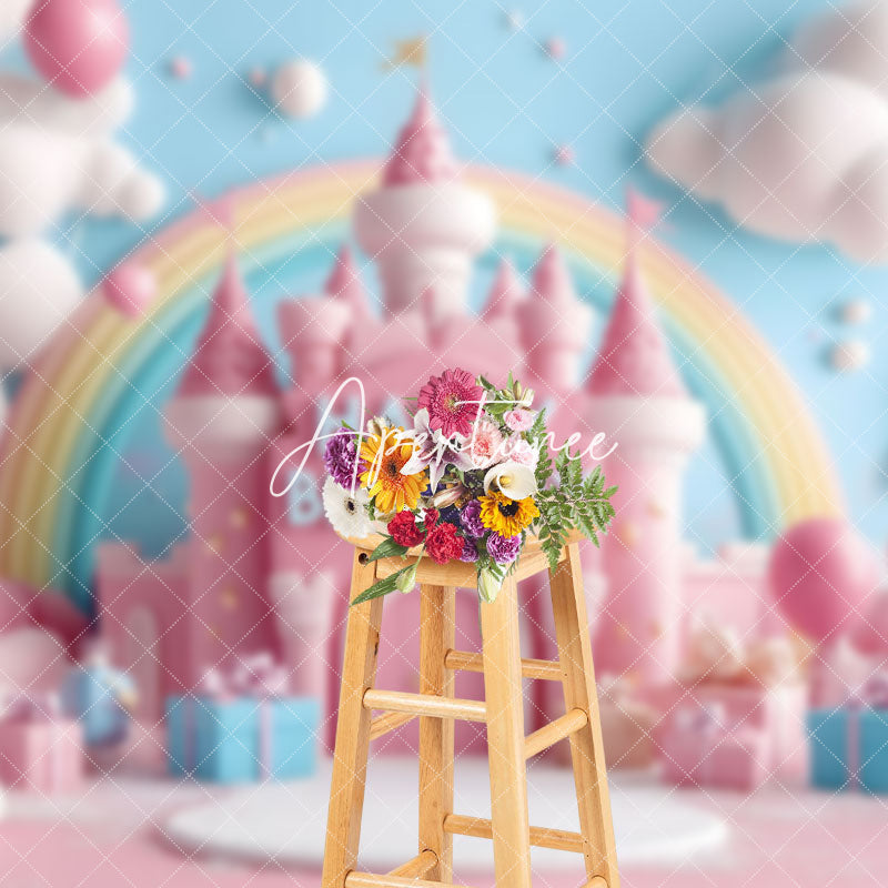 Aperturee - Aperturee Blue Wall Cloud Castle Rainbow Cake Smash Backdrop