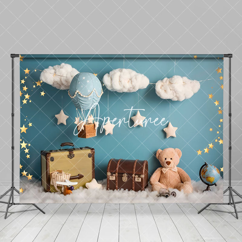 Aperturee - Aperturee Blue Wall Cloud Stars Teddy Bear Cake Smash Backdrop