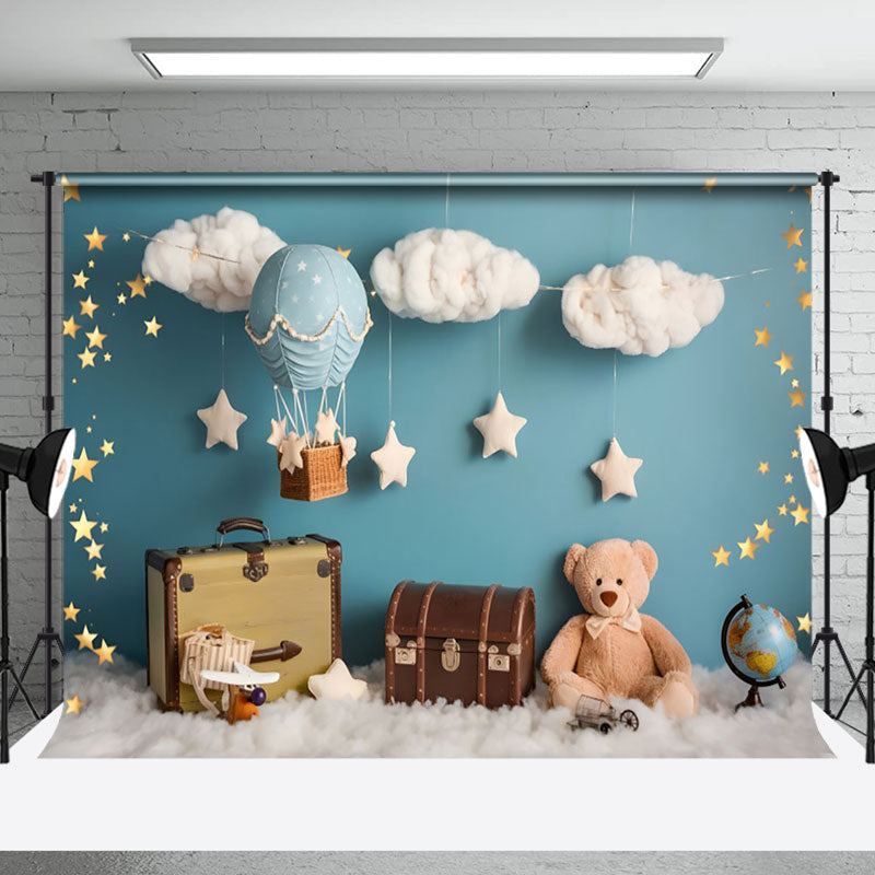 Aperturee - Aperturee Blue Wall Cloud Stars Teddy Bear Cake Smash Backdrop