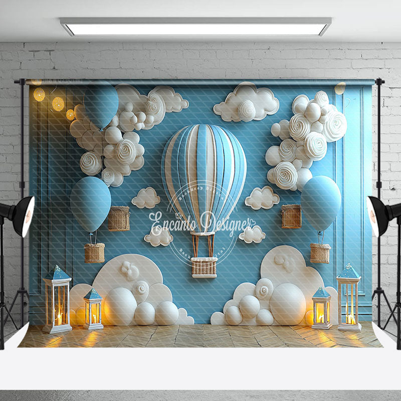 Aperturee - Aperturee Blue Wall Clouds Hot Air Balloon Cake Smash Backdrop