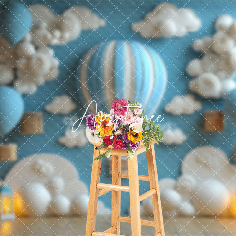 Aperturee - Aperturee Blue Wall Clouds Hot Air Balloon Cake Smash Backdrop