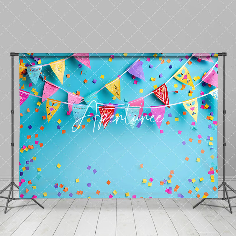 Aperturee - Aperturee Blue Wall Colorful Flag Confetti Cake Smash Backdrop