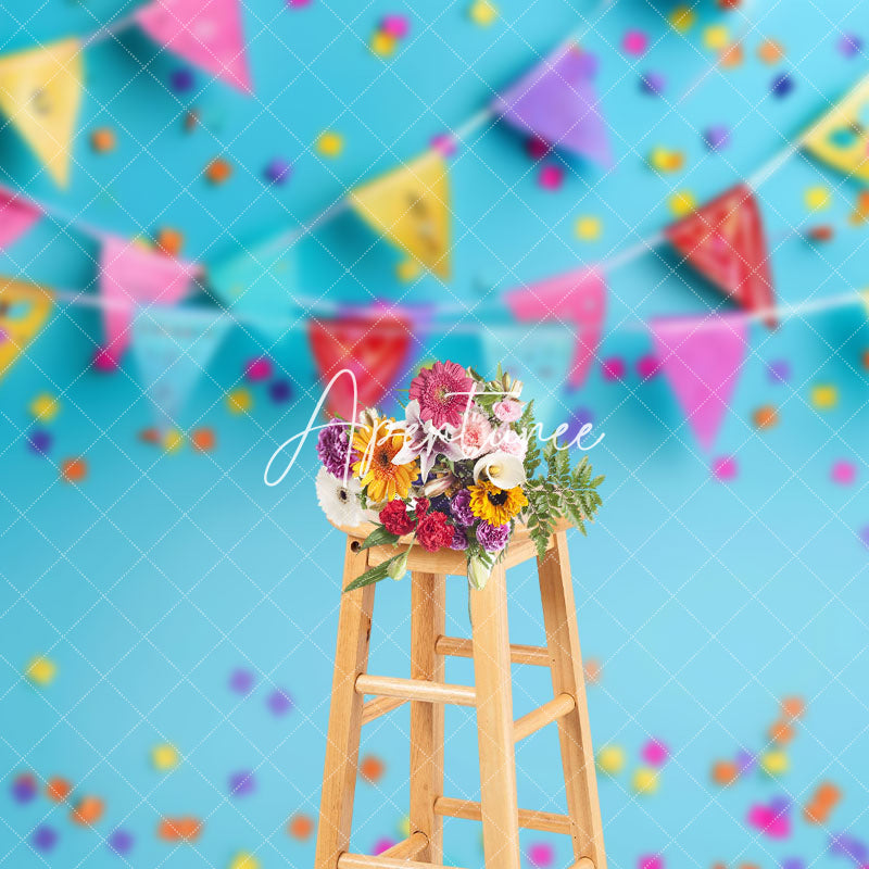 Aperturee - Aperturee Blue Wall Colorful Flag Confetti Cake Smash Backdrop