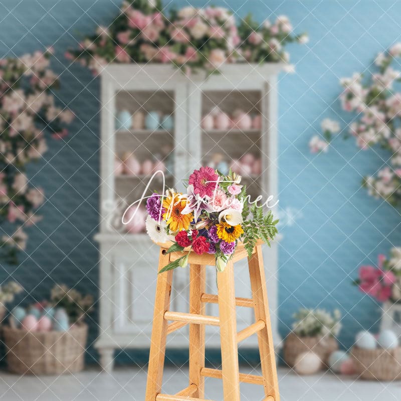 Aperturee - Aperturee Blue Wall Egg Flower Cupboard Spring Easter Backdrop