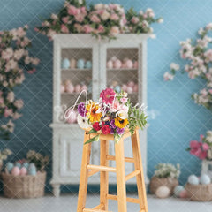 Aperturee - Aperturee Blue Wall Egg Flower Cupboard Spring Easter Backdrop