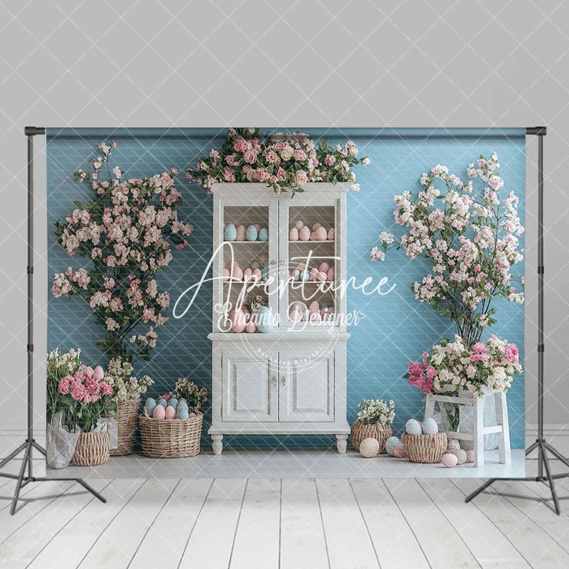 Aperturee - Aperturee Blue Wall Egg Flower Cupboard Spring Easter Backdrop