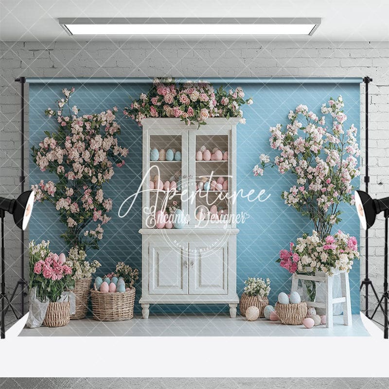 Aperturee - Aperturee Blue Wall Egg Flower Cupboard Spring Easter Backdrop