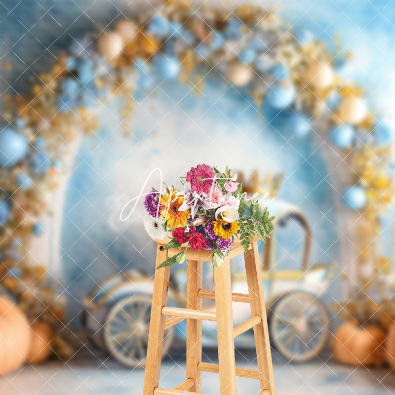 Aperturee - Aperturee Blue Wall Floral Carriage Pumpkin Cake Smash Backdrop