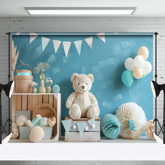 Aperturee - Aperturee Blue Wall Paper Ball Balloon Bear Cake Smash Backdrop