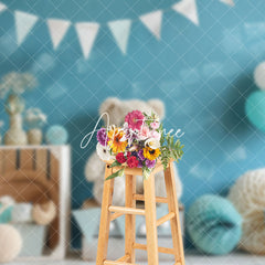 Aperturee - Aperturee Blue Wall Paper Ball Balloon Bear Cake Smash Backdrop