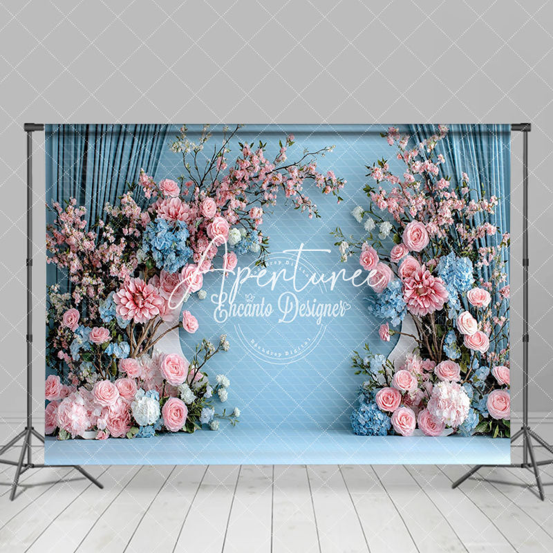 Aperturee - Aperturee Blue Wall Pink Floral Romantic Wedding Backdrop