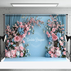 Aperturee - Aperturee Blue Wall Pink Floral Romantic Wedding Backdrop