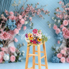 Aperturee - Aperturee Blue Wall Pink Floral Romantic Wedding Backdrop