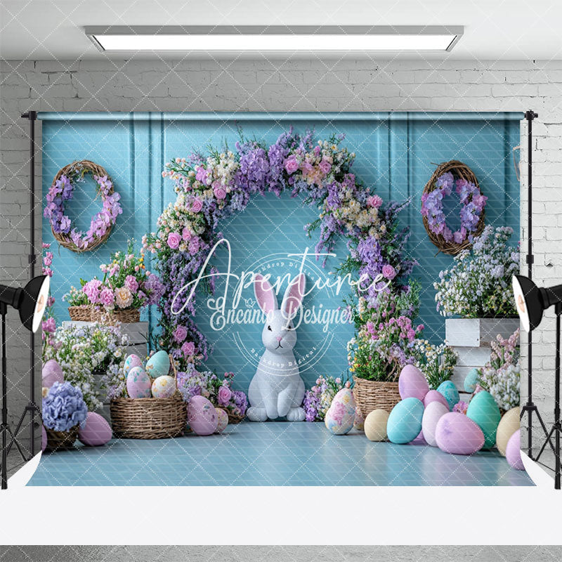 Aperturee - Aperturee Blue Wall Purple Floral Arch Eggs Easter Backdrop