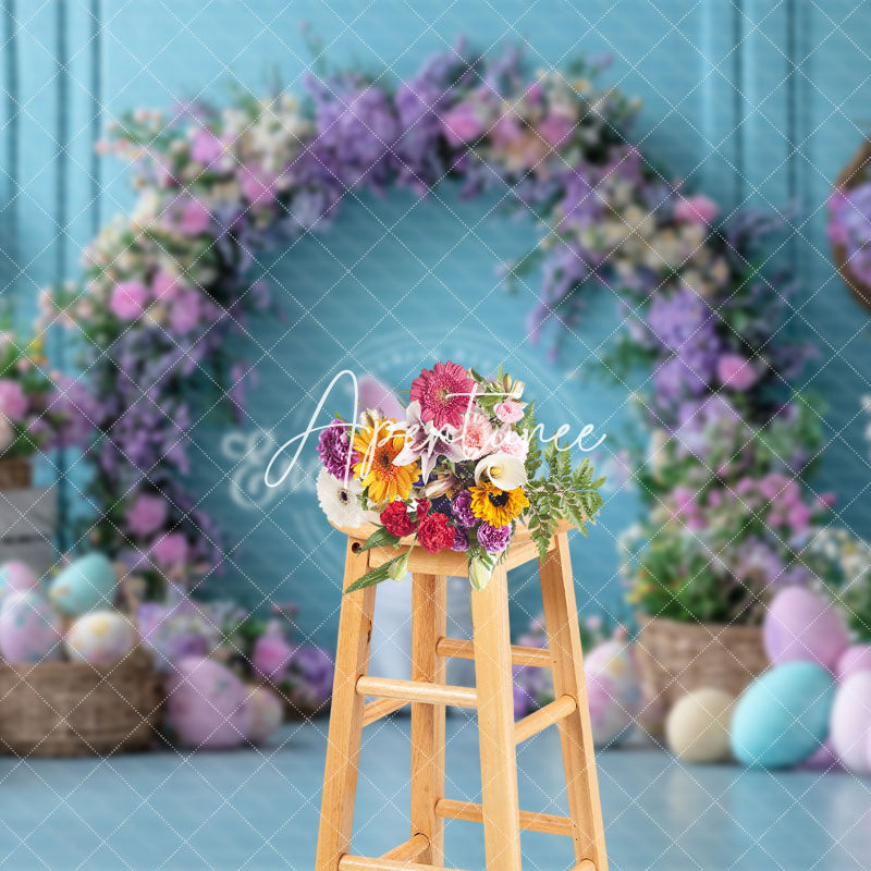 Aperturee - Aperturee Blue Wall Purple Floral Arch Eggs Easter Backdrop