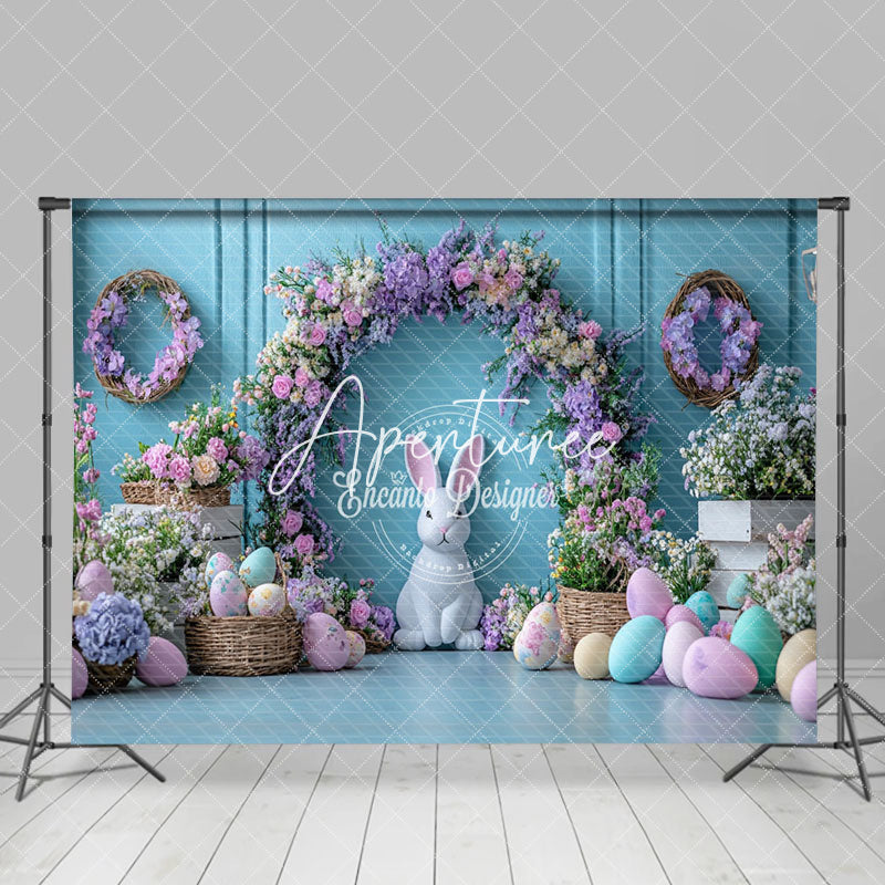 Aperturee - Aperturee Blue Wall Purple Floral Arch Eggs Easter Backdrop