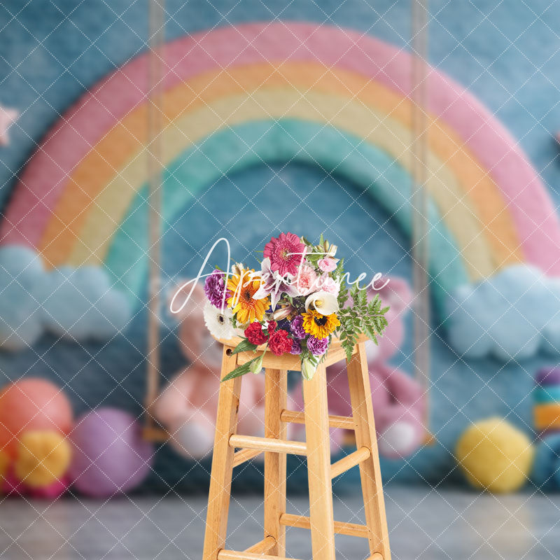 Aperturee - Aperturee Blue Wall Rainbow Bears Swing Cake Smash Backdrop