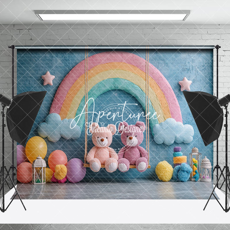 Aperturee - Aperturee Blue Wall Rainbow Bears Swing Cake Smash Backdrop