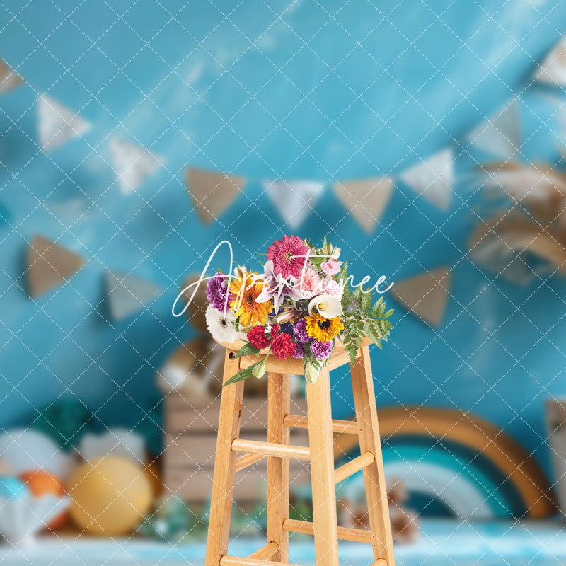 Aperturee - Aperturee Blue Wall Rainbw Boho Hay Bear Cake Smash Backdrop